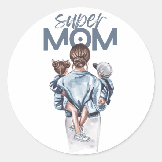 Personalized Super Mom with Son and Daughter Gift Ronde Sticker (Voorkant)