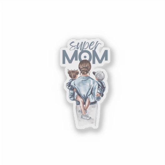 Personalized Super Mom with Son and Daughter Gift Sticker (Voorkant)