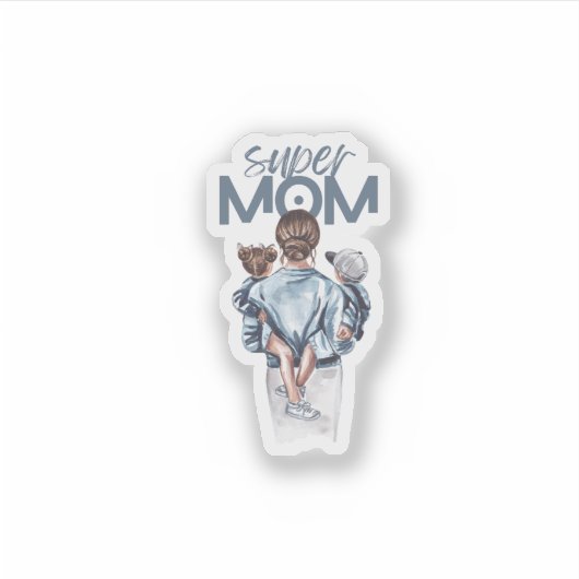 Personalized Super Mom with Son and Daughter Gift Sticker (Voorkant)