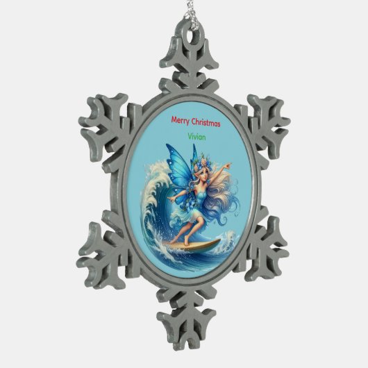 Personalized Surfer Fairy Christmas Snowflake Tin Sneeuwvlok Ornament (Links)