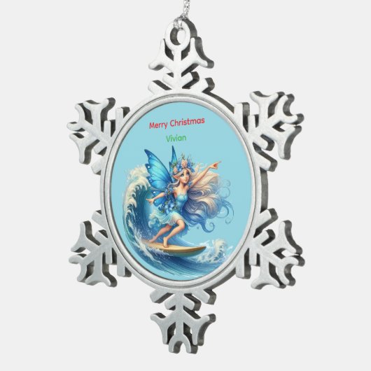 Personalized Surfer Fairy Christmas Snowflake  Tin Sneeuwvlok Ornament (Rechts)