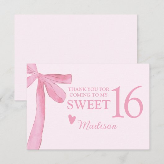 Personalized Sweet 16 Birthday Coquette Pink Bow  Bedankkaart (Voorkant / Achterkant)