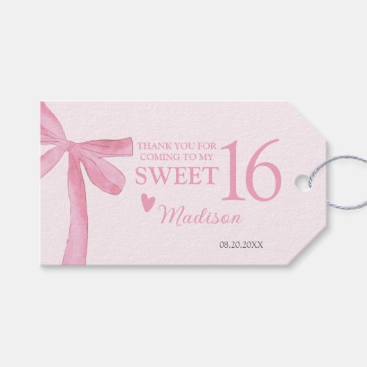 Personalized Sweet 16 Birthday Coquette Pink Bow  Cadeaulabel (Voorkant (Horizontaal))