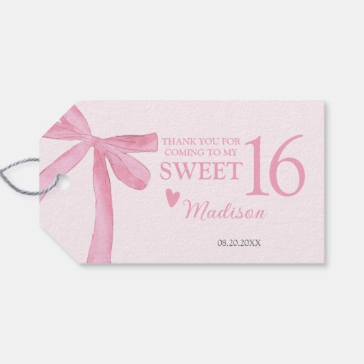 Personalized Sweet 16 Birthday Coquette Pink Bow  Cadeaulabel (Achterkant Horizontaal)