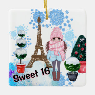Personalized Sweet 16 Paris Winter Eiffel Tower Keramisch Ornament
