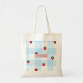 Personalized Sweet Strawberry Gingham Blue Tote Bag (Voorkant)