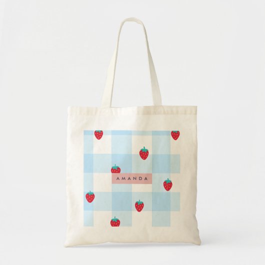 Personalized Sweet Strawberry Gingham Blue Tote Bag (Voorkant)
