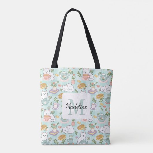 Personalized Tea Bookish Cats Tote Bag Mint Green (Achterkant)