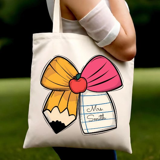 Personalized Teacher Coquette Bow Teacher Name Tote Bag
