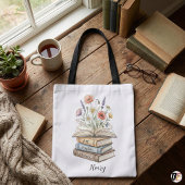 Personalized Teacher Floral Book Stack Custom Gift Tote Bag