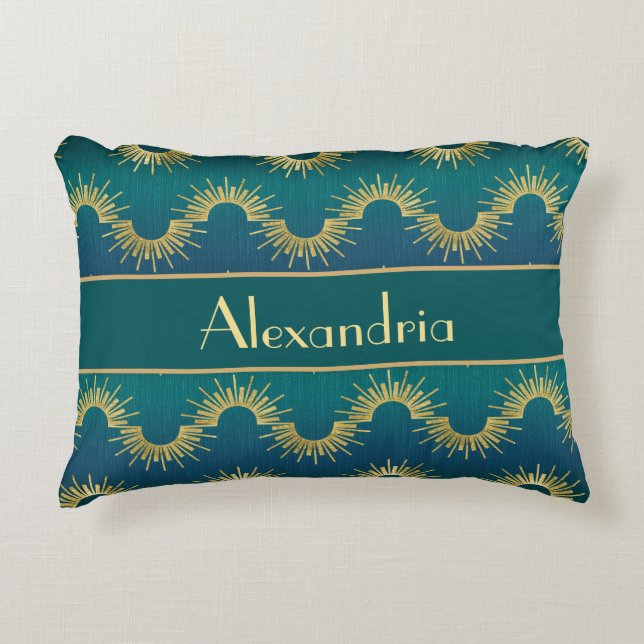 Personalized Teal & Gold Art Deco Sunburst Name Accent Kussen (Voorkant)