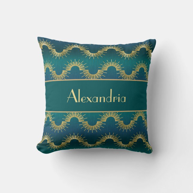 Personalized Teal & Gold Art Deco Sunburst Name Kussen (Voorkant)