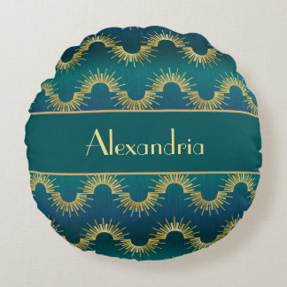 Personalized Teal & Gold Art Deco Sunburst Name Rond Kussen