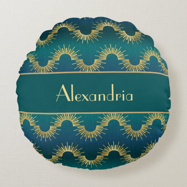 Personalized Teal & Gold Art Deco Sunburst Name Rond Kussen (Voorkant)