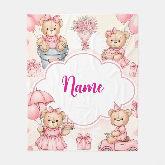 Personalized Teddy Bear Baby Blanket with Name Fleece Deken (Voorkant)