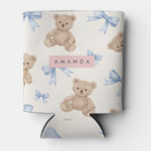 Personalized Teddy Bear & Blue Bow Pattern Blikjeskoeler (Voorkant)