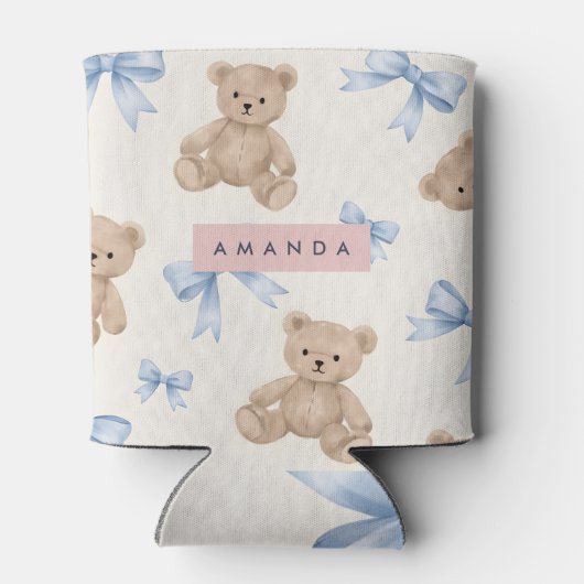 Personalized Teddy Bear & Blue Bow Pattern Blikjeskoeler (Achterkant)