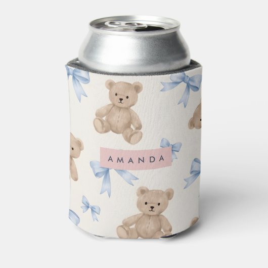 Personalized Teddy Bear & Blue Bow Pattern Blikjeskoeler (Blikje Achterkant)