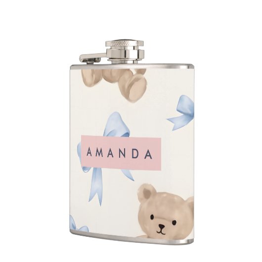 Personalized Teddy Bear & Blue Bow Pattern Heupfles (Links)