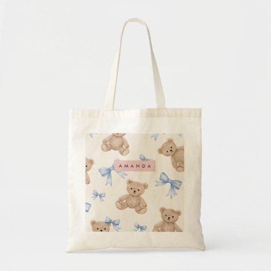 Personalized Teddy Bear & Blue Bow Pattern Tote Bag (Voorkant)