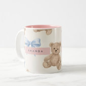 Personalized Teddy Bear & Blue Bow Pattern Tweekleurige Koffiemok (Voorkant links)