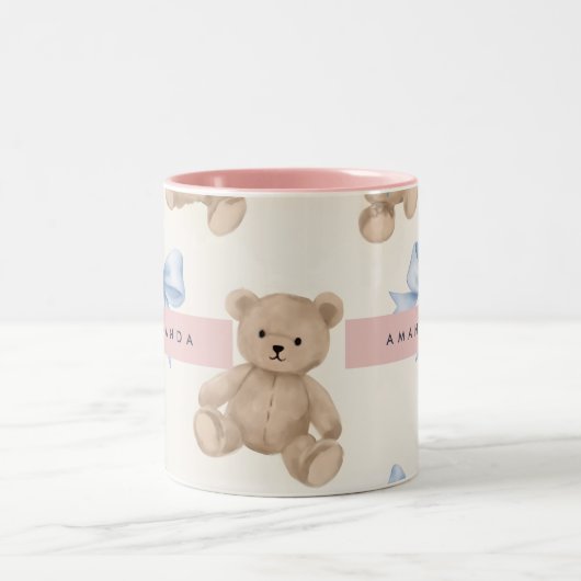 Personalized Teddy Bear & Blue Bow Pattern Tweekleurige Koffiemok (Center)