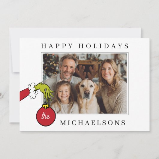 Personalized The Grinch Holding Ornament Photo Feestdagenkaart (Voorkant)