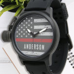 Personalized Thin Red Line Flag Firefighter Horloge<br><div class="desc">Celebrate and show your appreciation to an outstanding Firefighter with this Thin Red Line Fireman Watch - American flag design in Firefighter Flag colors, distressed design . Perfect for service awards and Firefighter Graduation gifts . Personalize with fireman name. COPYRIGHT © 2020 Judy Burrows, Black Dog Art - All Rights...</div>