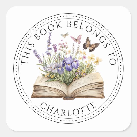Personalized This Book Belongs To Floral Book Vierkante Sticker (Voorkant)