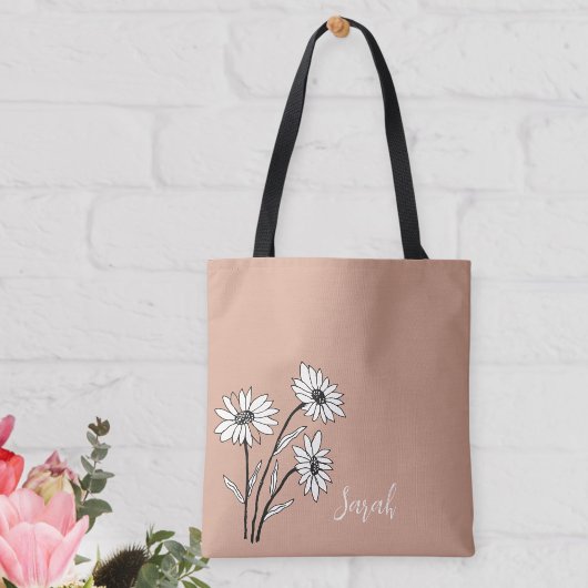 Personalized Tote Bag with White and Black Daisies