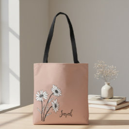 Personalized Tote Bag with White and Black Daisies