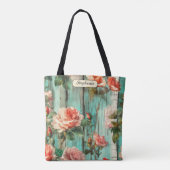Personalized Turquoise Shabby Chic Rose Carryall Tote Bag (Achterkant)