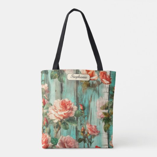 Personalized Turquoise Shabby Chic Rose Carryall Tote Bag (Achterkant)