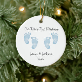 Personalized Twin Baby Boys Blue Footprint  Keramisch Ornament