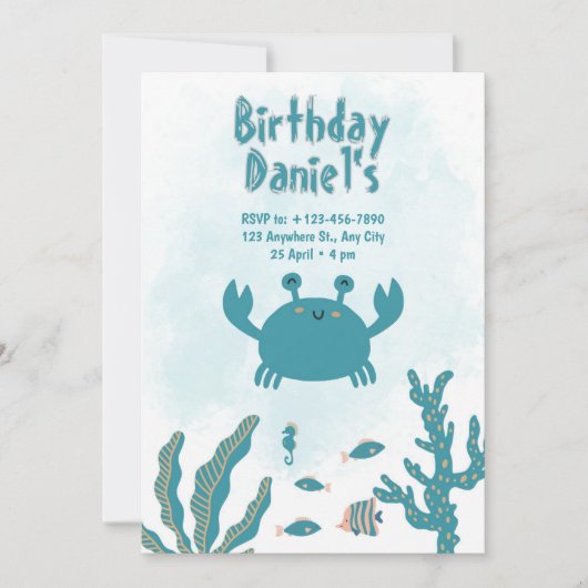 Personalized Under the Sea Crab Birthday Invitatio Kaart (Voorkant)