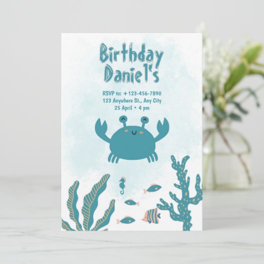 Personalized Under the Sea Crab Birthday Invitatio Kaart (Staand voorkant)