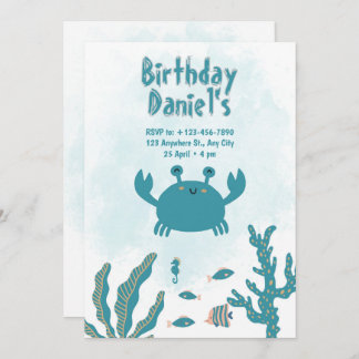 Personalized Under the Sea Crab Birthday Invitatio Kaart