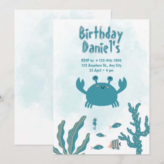 Personalized Under the Sea Crab Birthday Invitatio Kaart (Voorkant / Achterkant)