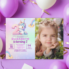 Personalized Unicorn 2nd Birthday Photo Invitation Kaart
