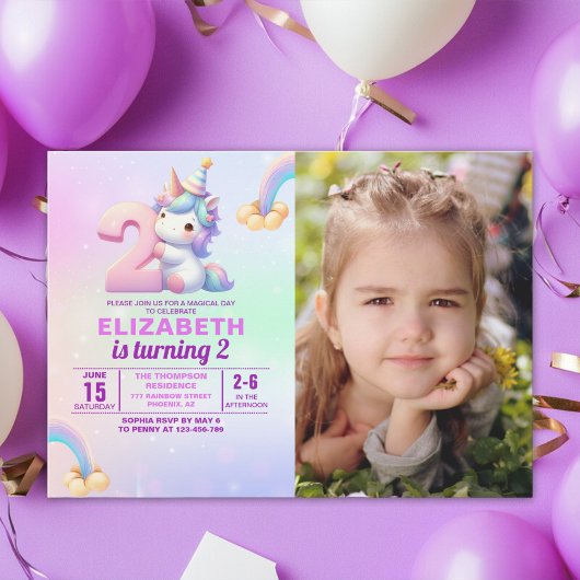 Personalized Unicorn 2nd Birthday Photo Invitation Kaart