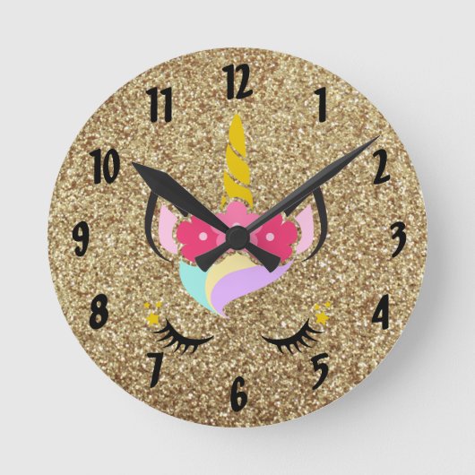 Personalized Unicorn Gold Glitter Wall Clock Ronde Klok (Voorkant)