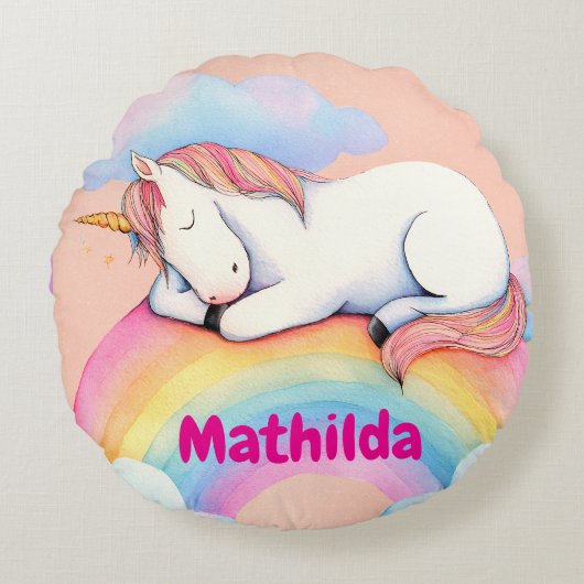 Personalized Unicorn Pillow, Watercolors, Rond Kussen (Voorkant)