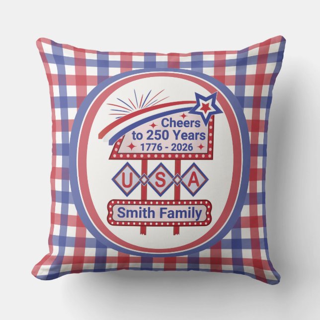 Personalized USA 250–Patriotic Retro Marquee Kussen (Voorkant)