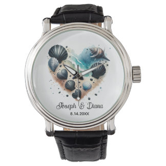 Personalized Valentine Anniversary Seashell Heart Horloge