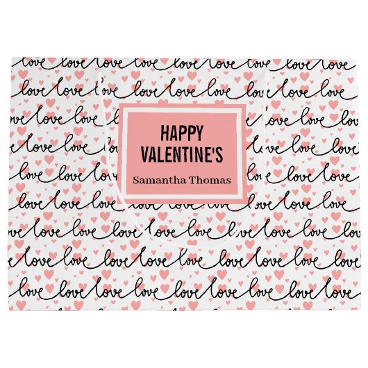 Personalized Valentine Gift Bag Pink Black Hearts Groot Cadeauzakje (Achterkant)