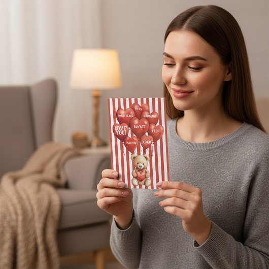 personalized valentines red striped bear feestdagenkaart