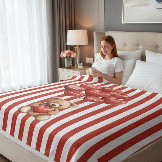 personalized valentines red striped bear  fleece deken