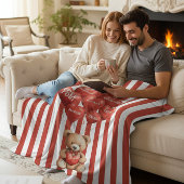 personalized valentines red striped bear  fleece deken