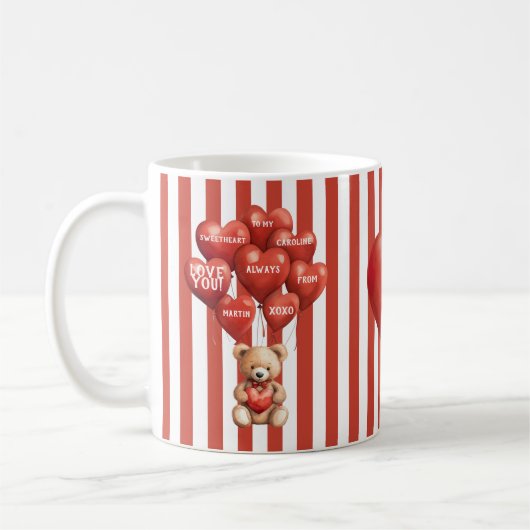 personalized valentines red striped bear koffiemok (Links)