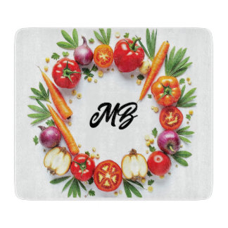 Personalized Vegetable Wreath Glass Cutting Board Snijplank